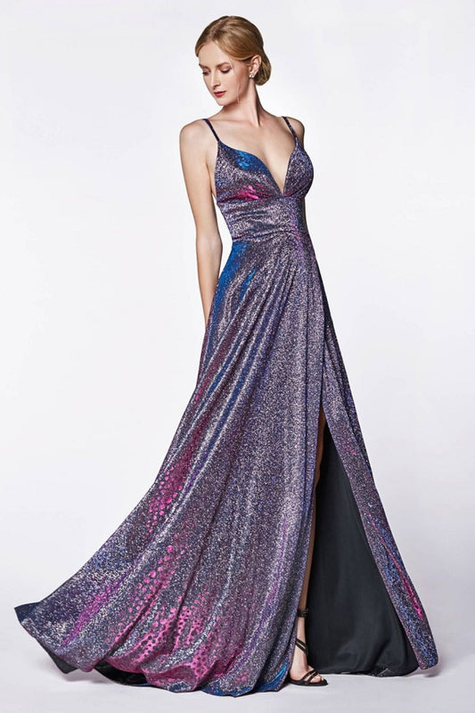 Metallic Purple Patterned Long Formal Dress