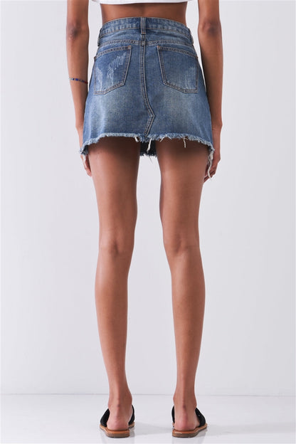 Mid Denim High Waist Distressed Raw Hem Detail Mini Skirt *Damaged*