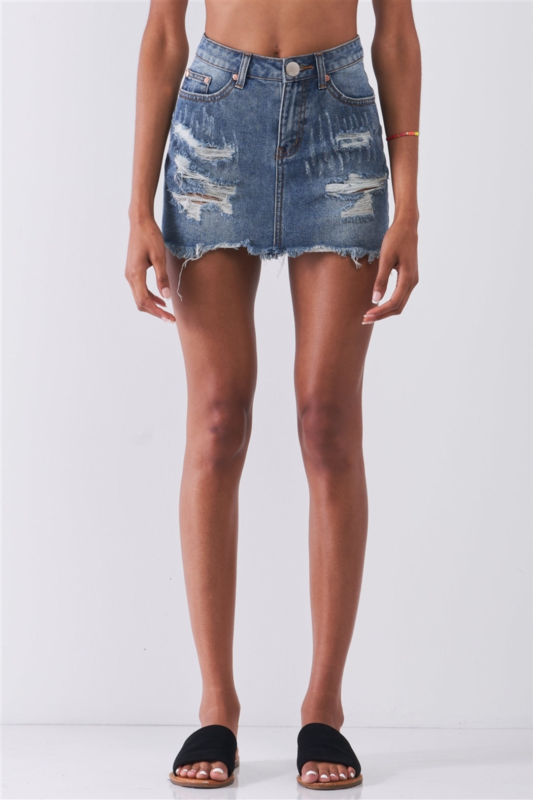 Mid Denim High Waist Distressed Raw Hem Detail Mini Skirt *Damaged*