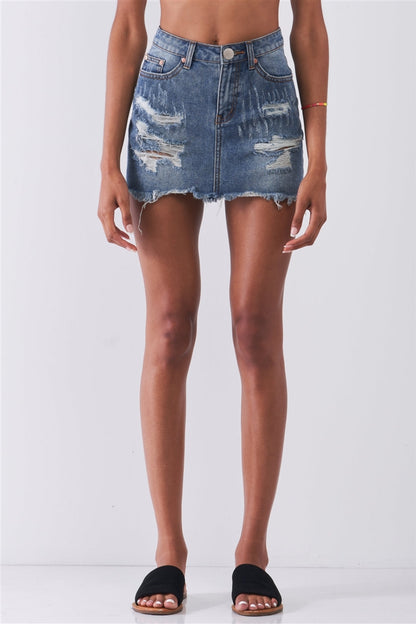Mid Denim High Waist Distressed Raw Hem Detail Mini Skirt *Damaged*