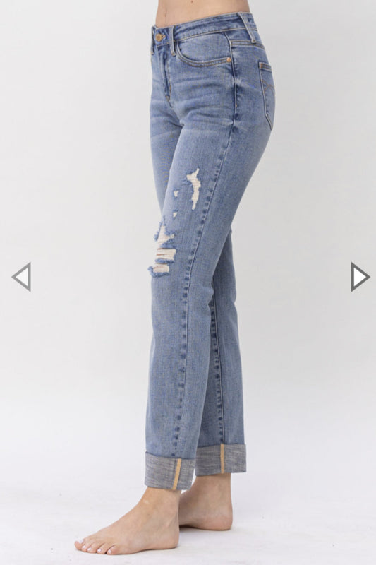 MIDRISE KNEE DESTROYED CUFFED LONG BOYFRIEND