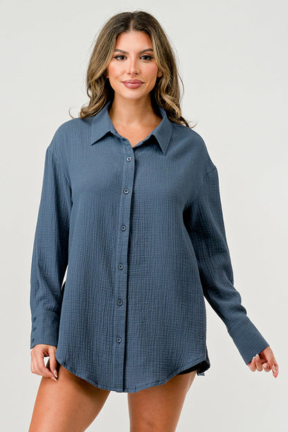 Button Front Long Sleeve Slit Back Solid Shirt