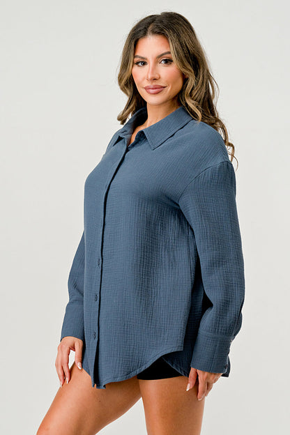 Button Front Long Sleeve Slit Back Solid Shirt