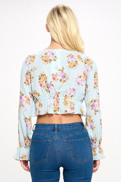Crop Blouse Cardian Top Tie Front Long Sleeve