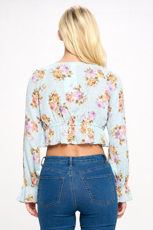 Crop Blouse Cardian Top Tie Front Long Sleeve