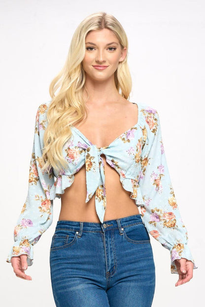 Crop Blouse Cardian Top Tie Front Long Sleeve