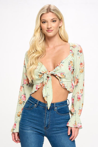 Crop Blouse Cardian Top Tie Front Long Sleeve