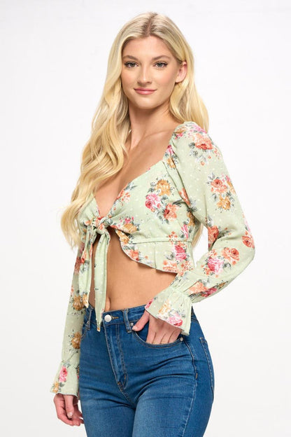 Crop Blouse Cardian Top Tie Front Long Sleeve