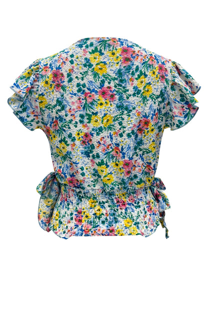 Flutter Short Sleeve Surplice Smocking Ditsy Top