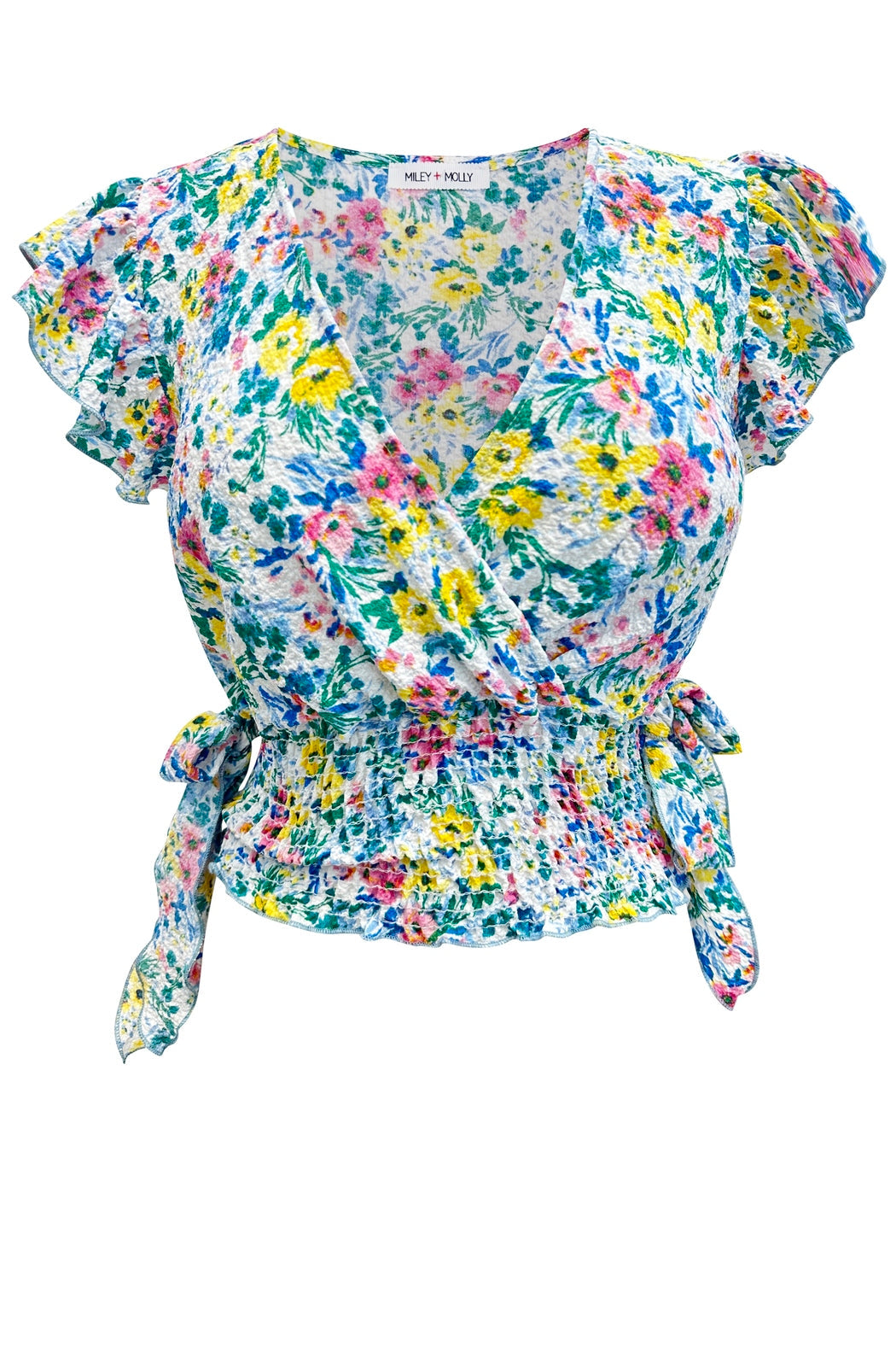 Flutter Short Sleeve Surplice Smocking Ditsy Top