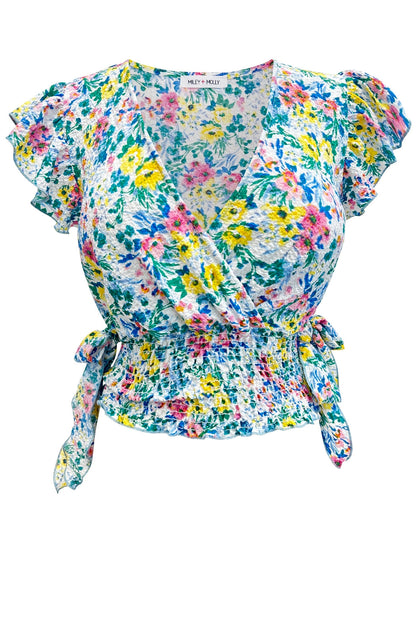 Flutter Short Sleeve Surplice Smocking Ditsy Top