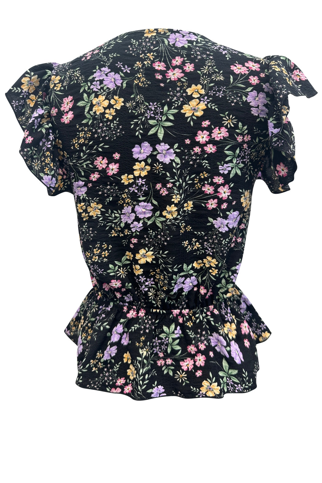 Flutter Sleeve V Neck Peplum Top With Floral Print