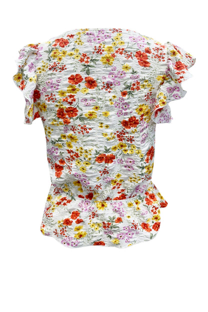 Flutter Sleeve V Neck Peplum Top With Floral Print