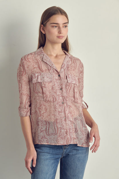 Front Pocket Roll Up Sleeve Chiffon Blouse