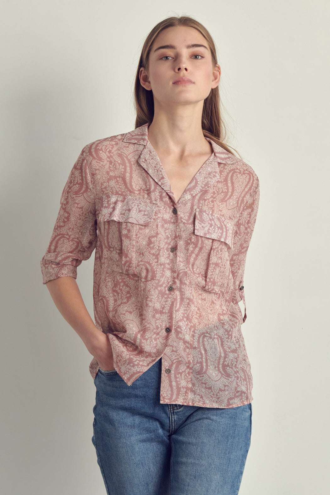 Front Pocket Roll Up Sleeve Chiffon Blouse