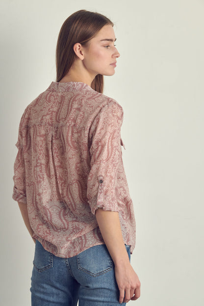 Front Pocket Roll Up Sleeve Chiffon Blouse