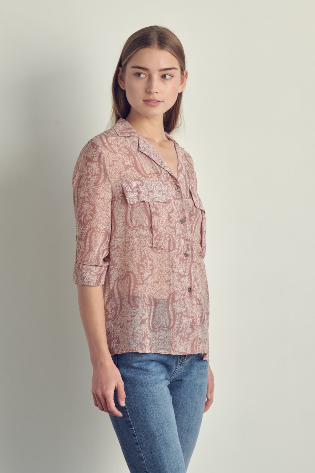 Front Pocket Roll Up Sleeve Chiffon Blouse