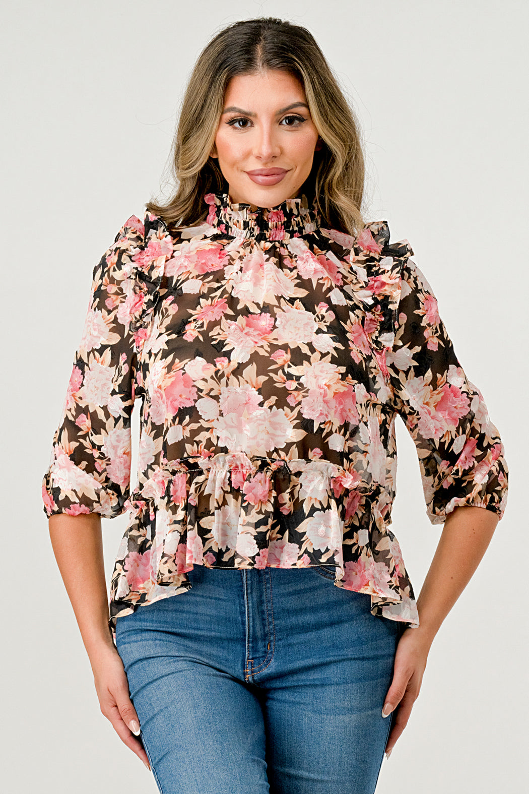 Hi Low Long Sleeve Blouse Floral Chiffon Top