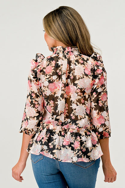 Hi Low Long Sleeve Blouse Floral Chiffon Top