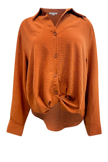 Knotted Waist Button Front Long Sleeve Sold Shirt