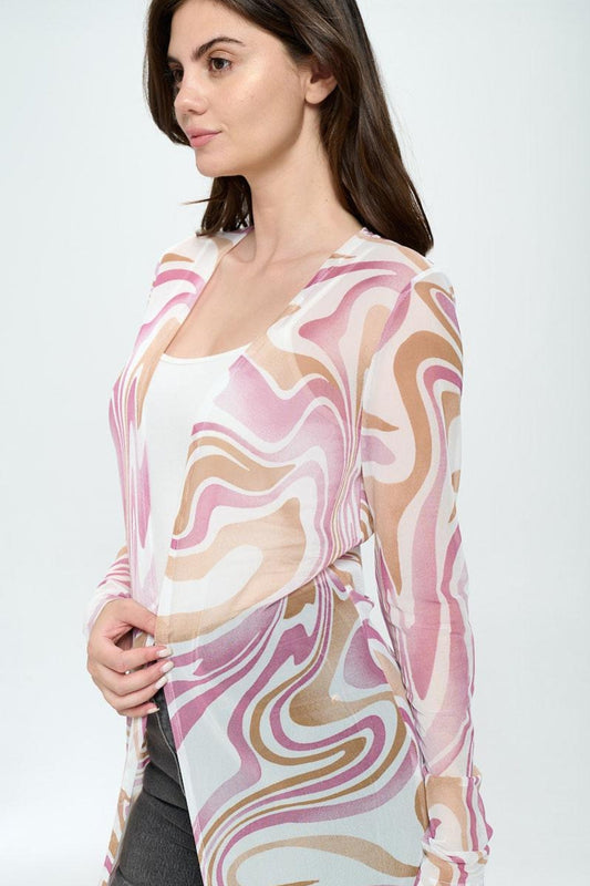 Long Sleeve Longline Duster In Swirl Printed Mesh
