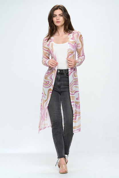 Long Sleeve Longline Duster In Swirl Printed Mesh