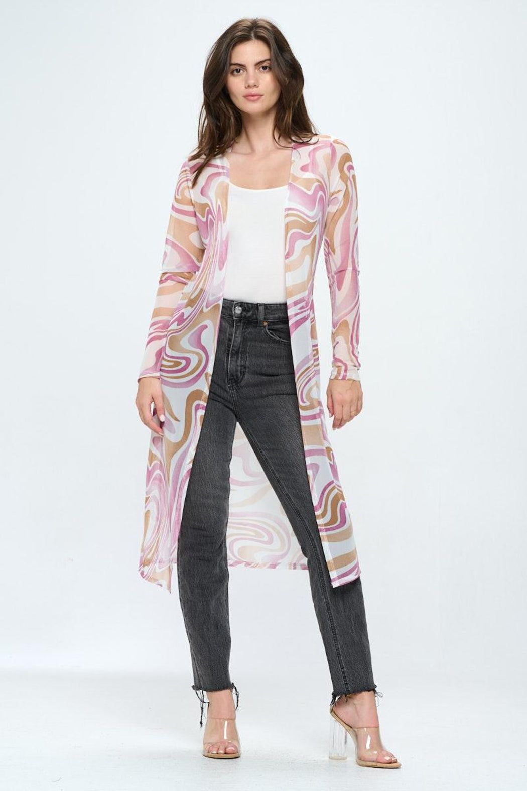 Long Sleeve Longline Duster In Swirl Printed Mesh