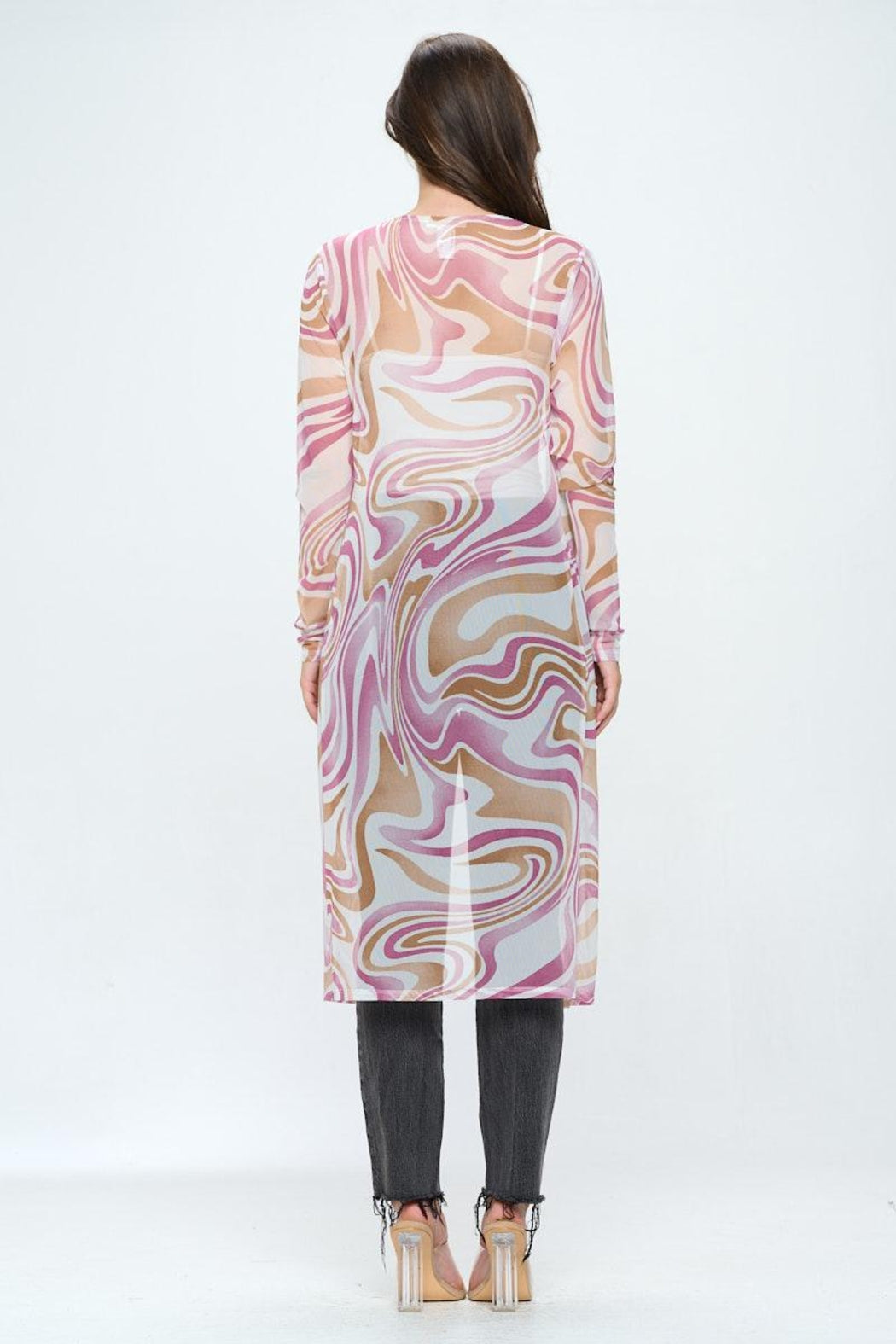 Long Sleeve Longline Duster In Swirl Printed Mesh
