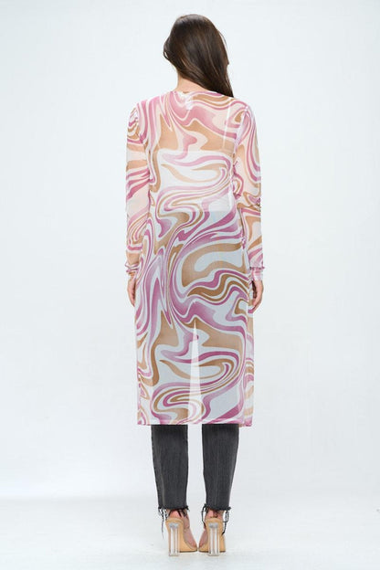 Long Sleeve Longline Duster In Swirl Printed Mesh