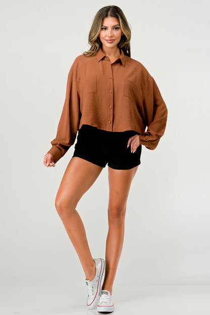 Loose Fit Solid Woven Shirt Top With Button Front