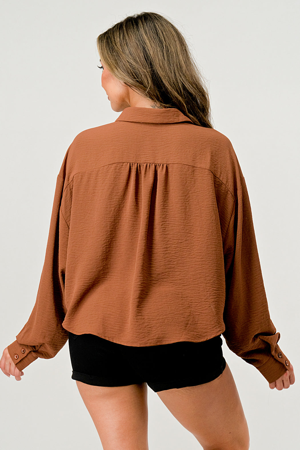 Loose Fit Solid Woven Shirt Top With Button Front