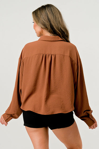 Loose Fit Solid Woven Shirt Top With Button Front