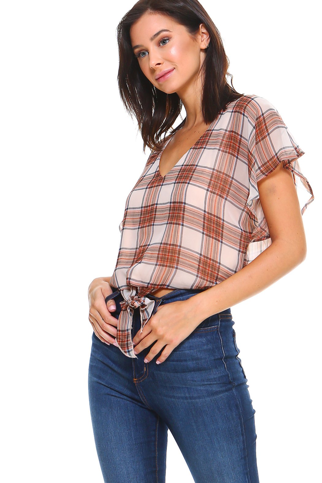 Plaid Tie Back Short Sleeve Blouse Top