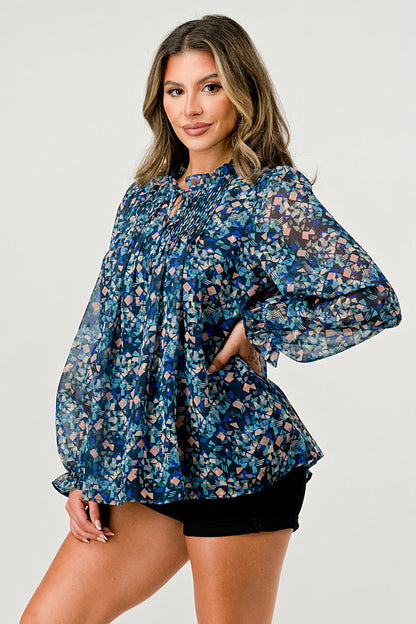 Pleats Detail Long Sleeve Pop Over Blouse