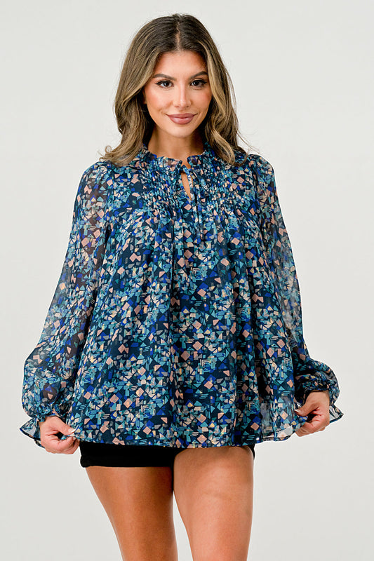 Pleats Detail Long Sleeve Pop Over Blouse