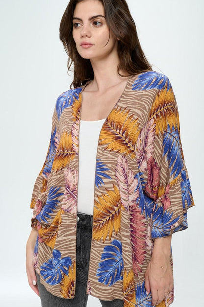 Ruffle Sleeves Loose Fit Kimono In Tropical Print