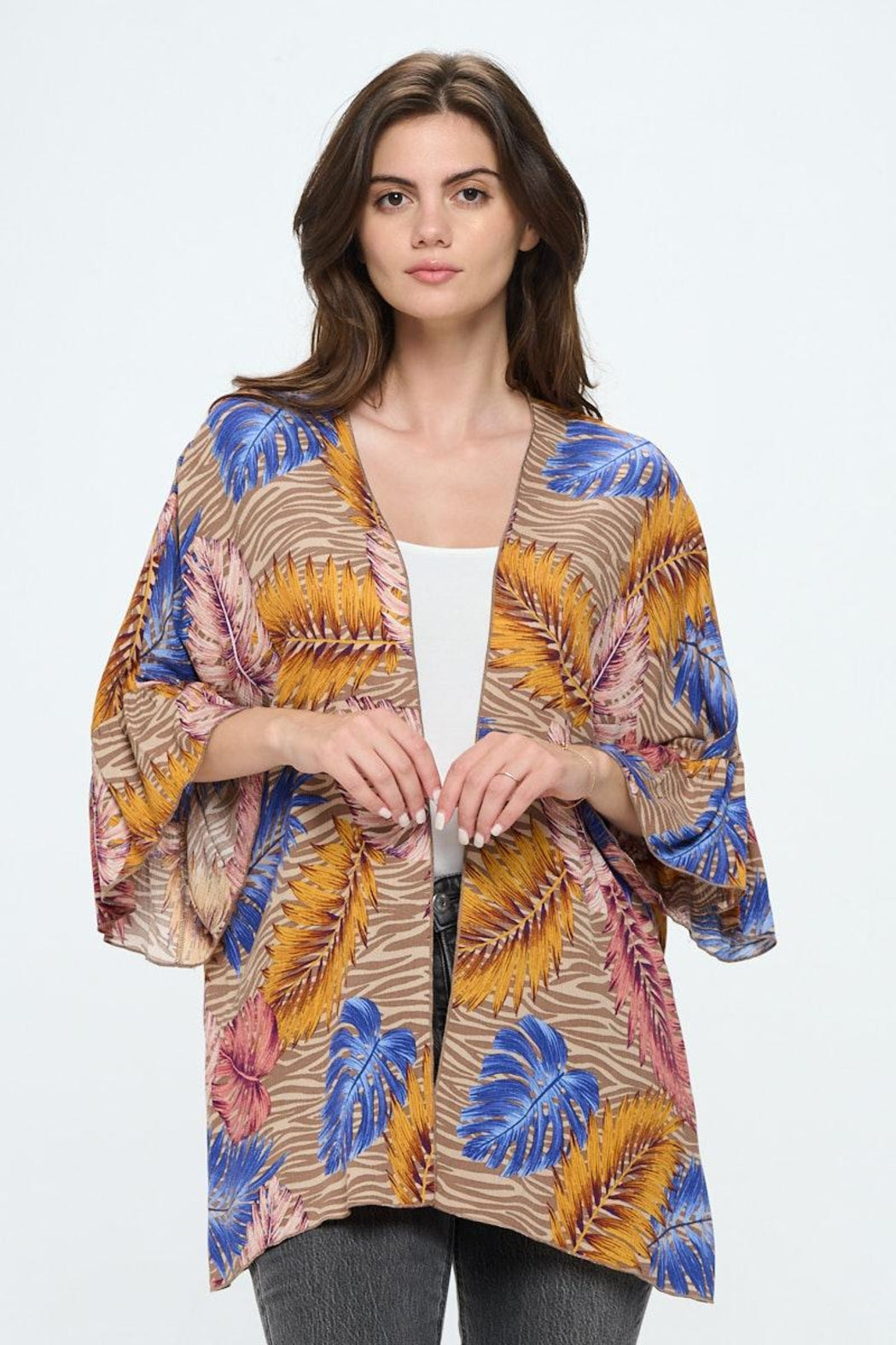 Ruffle Sleeves Loose Fit Kimono In Tropical Print
