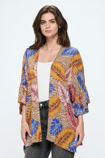 Ruffle Sleeves Loose Fit Kimono In Tropical Print