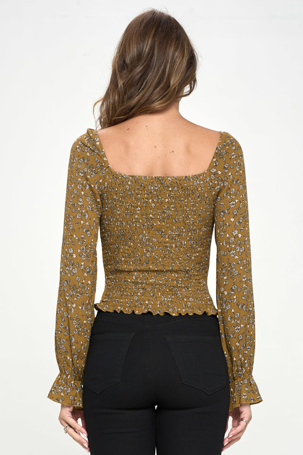Sqaure Neck Smock Body With Long Sleeve Blouse Top