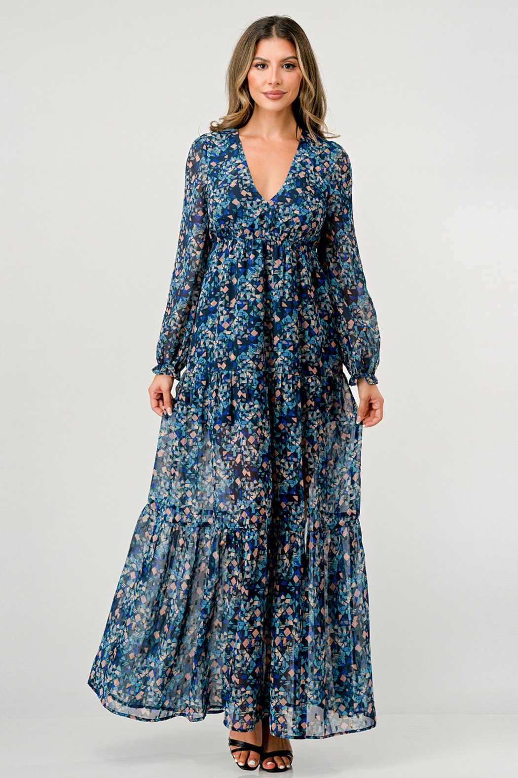 V Neck Long Sleeve Slit Front Tiered Maxi Dress