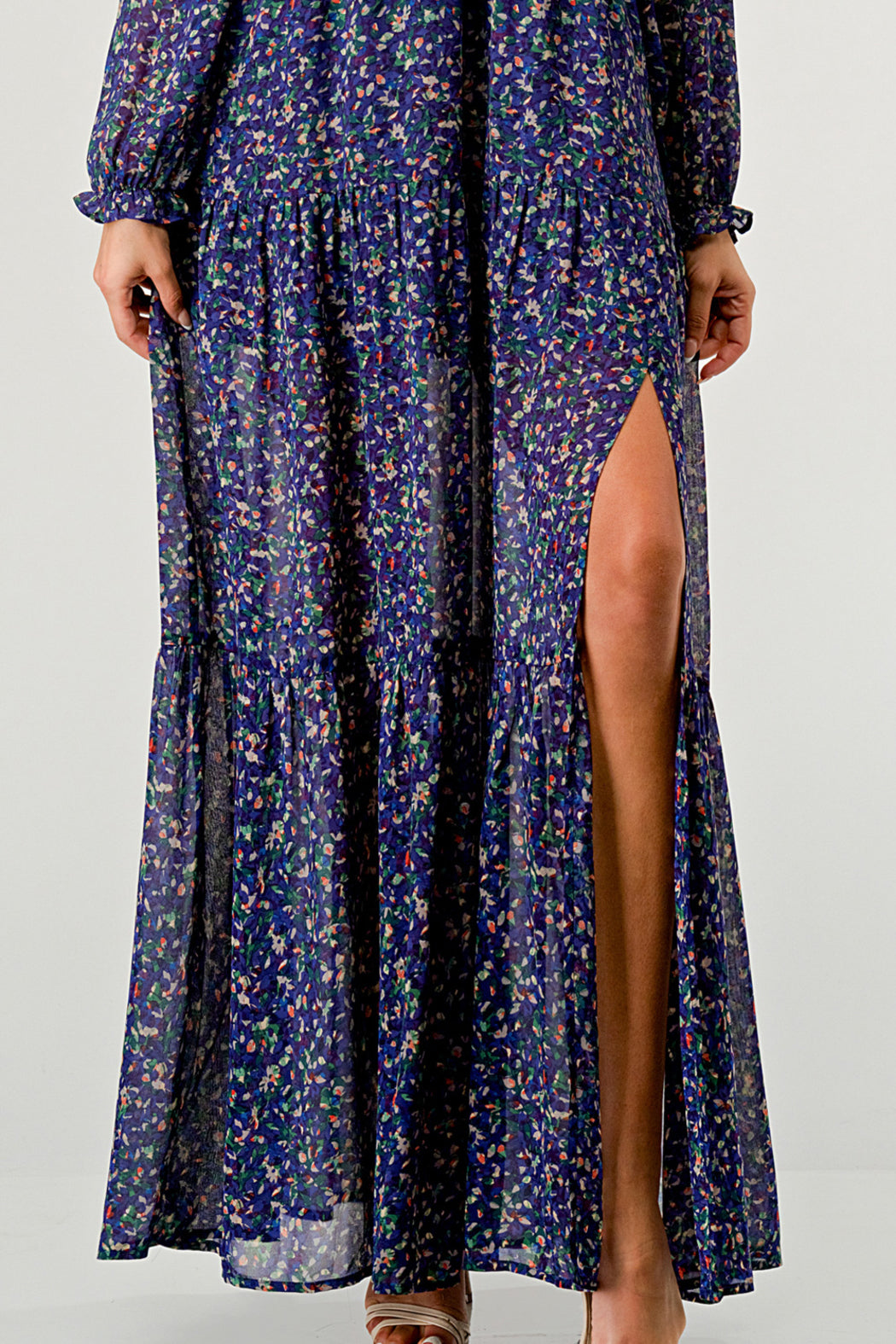 V Neck Long Sleeve Slit Front Tiered Maxi Dress