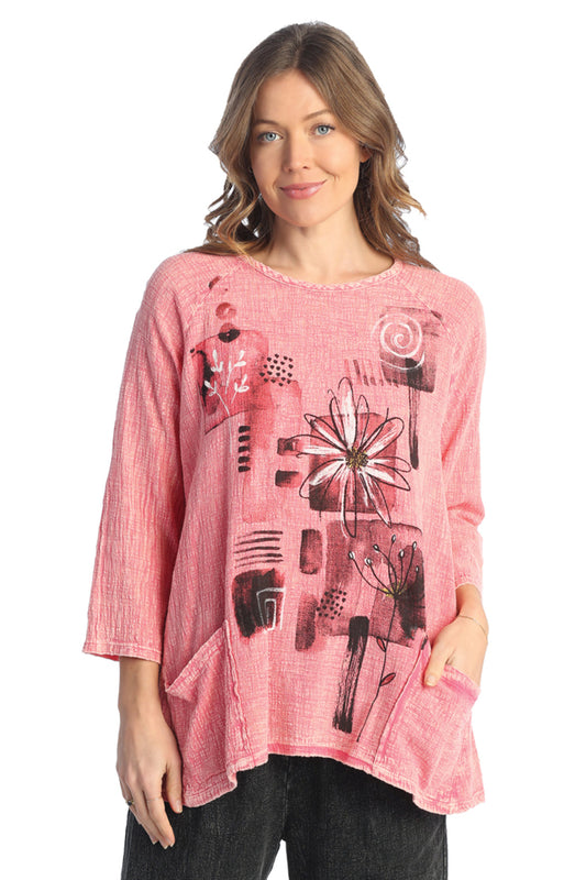 Mineral Washed Cotton Gauze Tunic Top With Patch Pockets