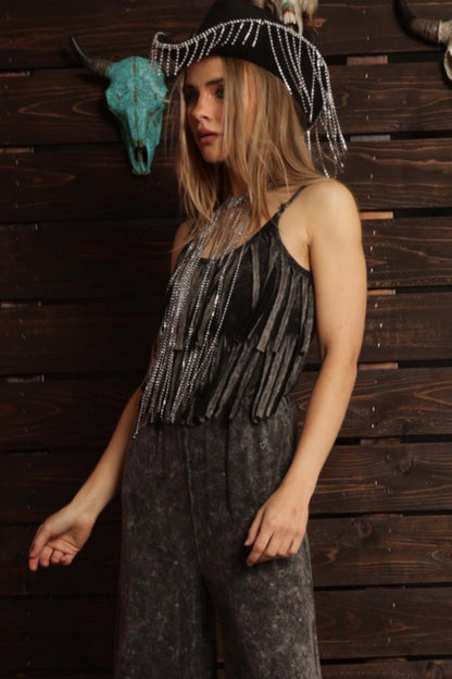 Mineral Washed Fringe Jumpsuit