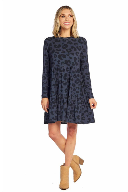 Minnie Tiered Dress - Navy leopard