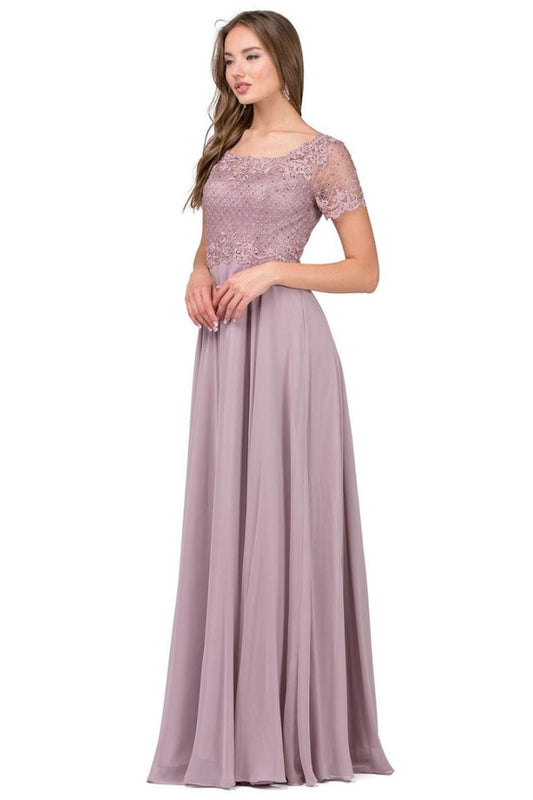 Mocha Short Sleeve Lace Long Formal Dress