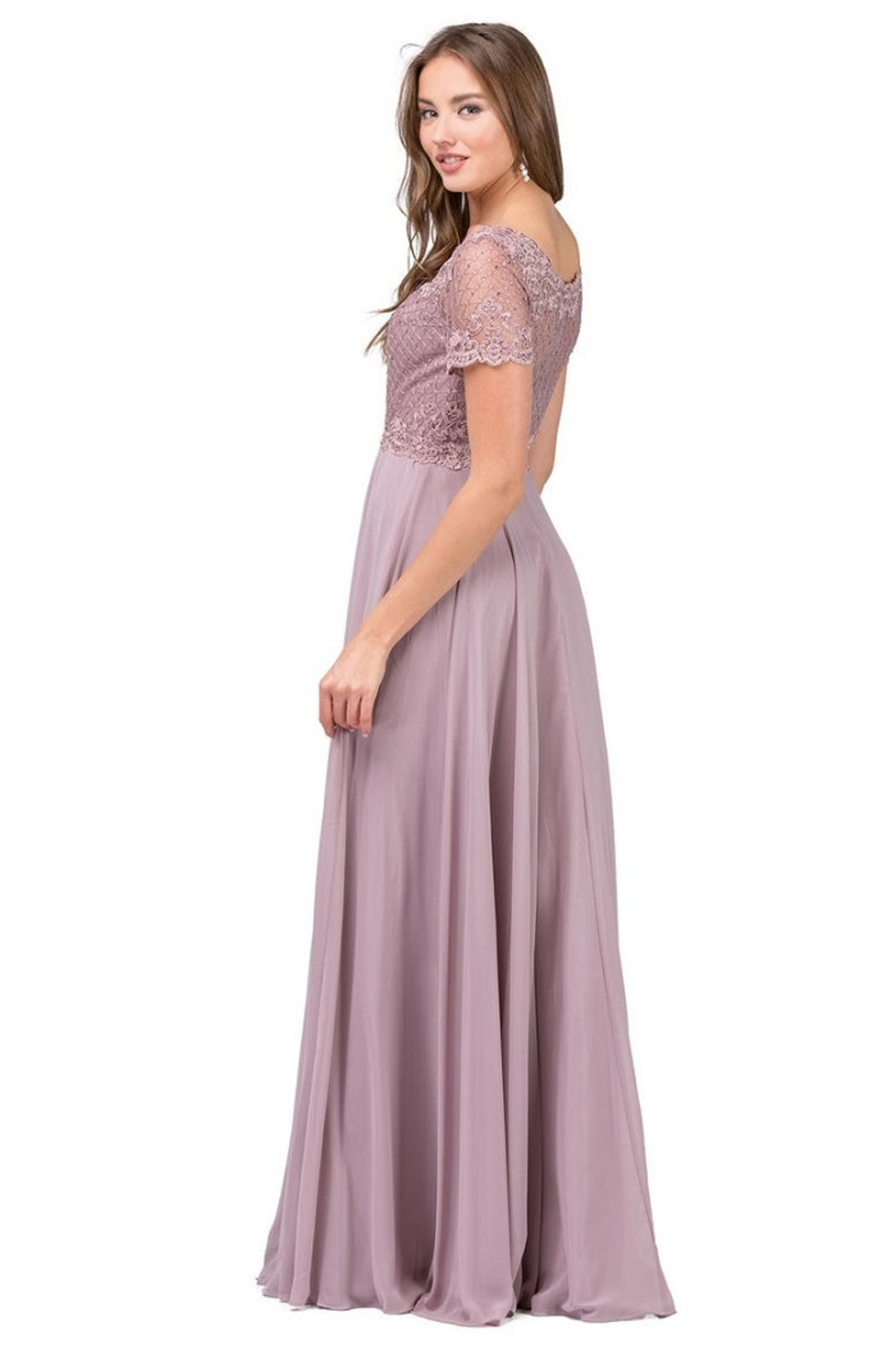 Mocha Short Sleeve Lace Long Formal Dress