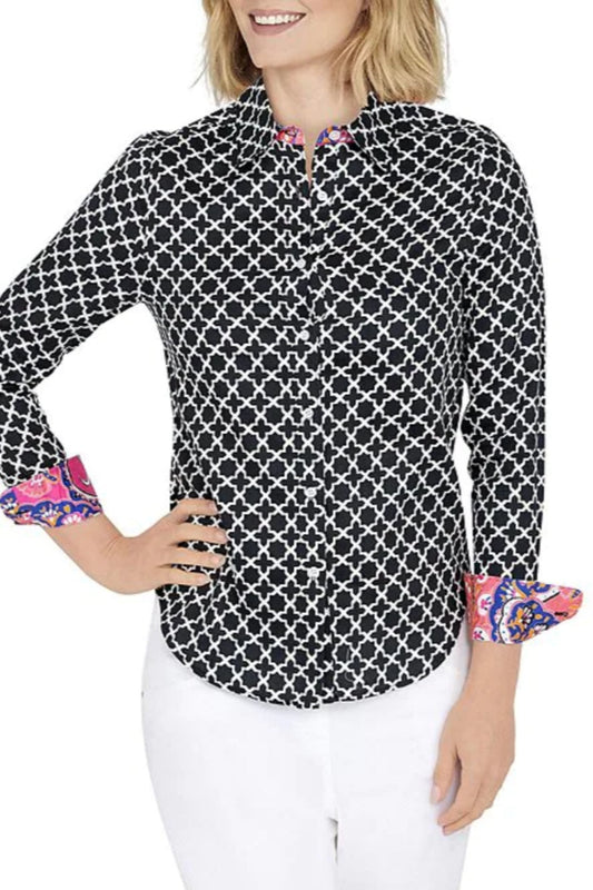 Moroccan Tile Print Button Down Collar Long Sleeve Button Front Shirt