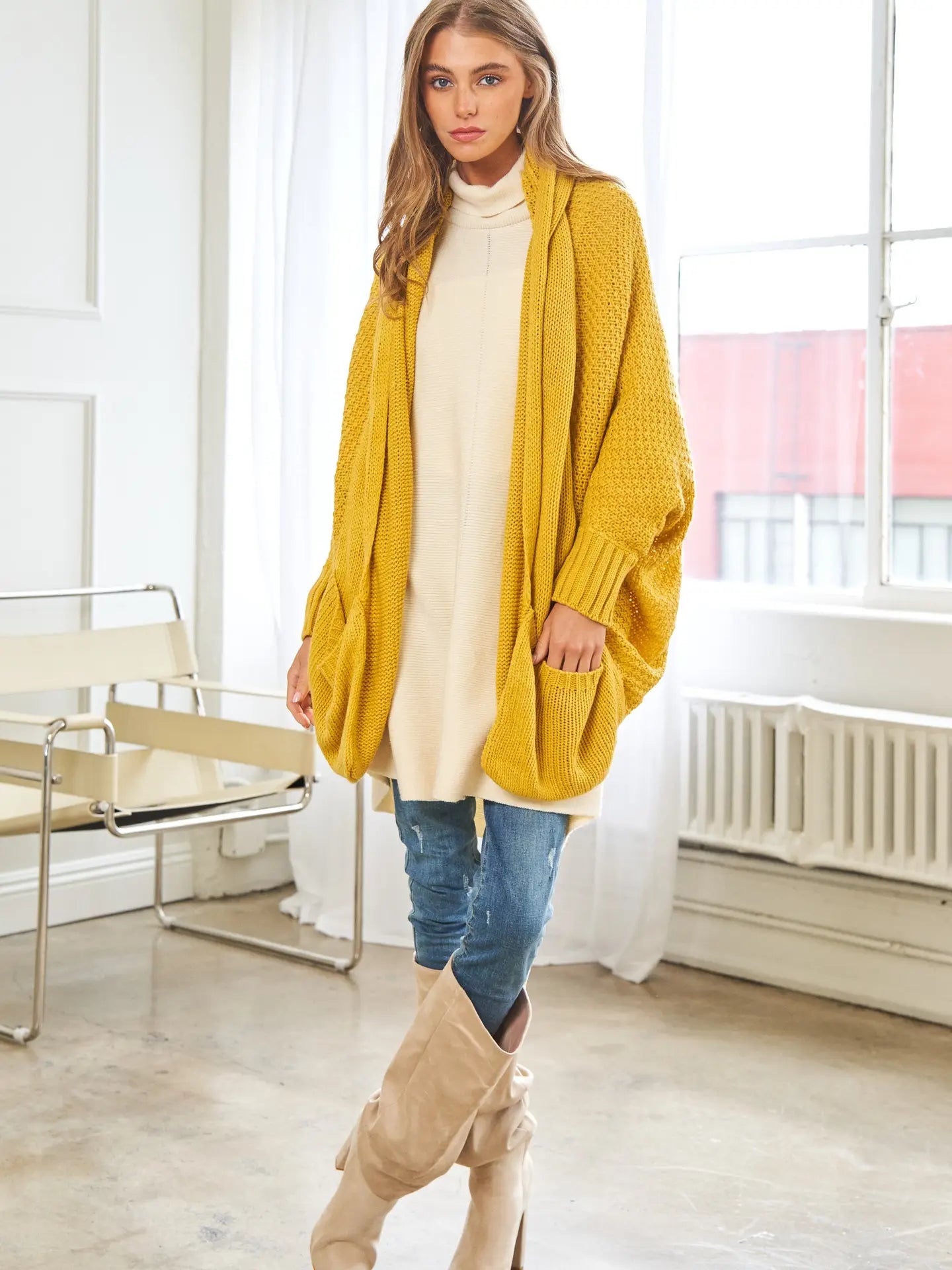 Mustard Knit Dolman Sleeves Cardigan