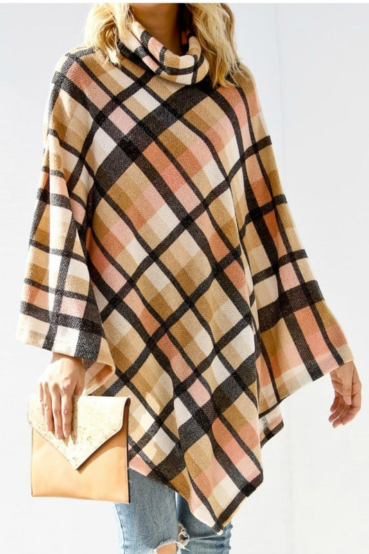 Mockneck Plaid Poncho