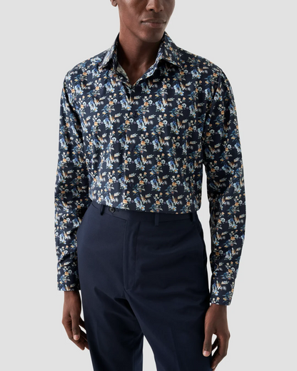 Eton Navy Floral Print Twill Shirt